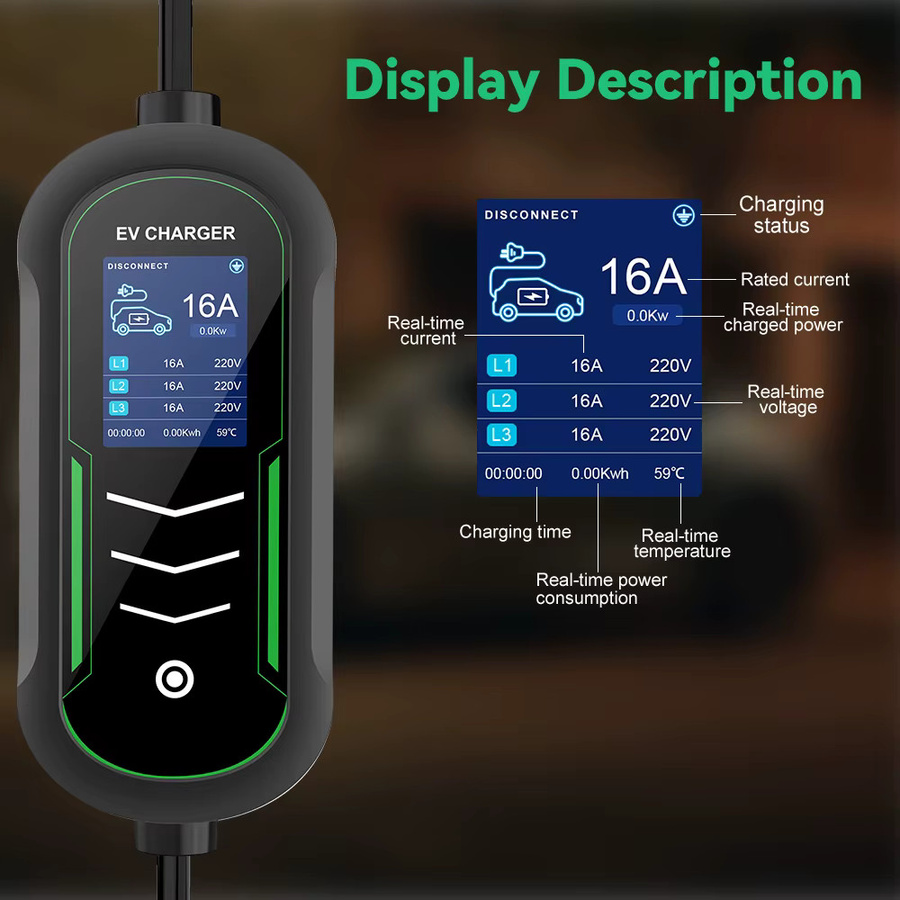 IPENGEN Tragbares EV-Ladegerät Typ2 11kW, 16A 3-phasig, Schwarz, 5m Kabel, Einstellbarer Strom, EVSE-Ladebox IEC 62196-2 - Bild 2