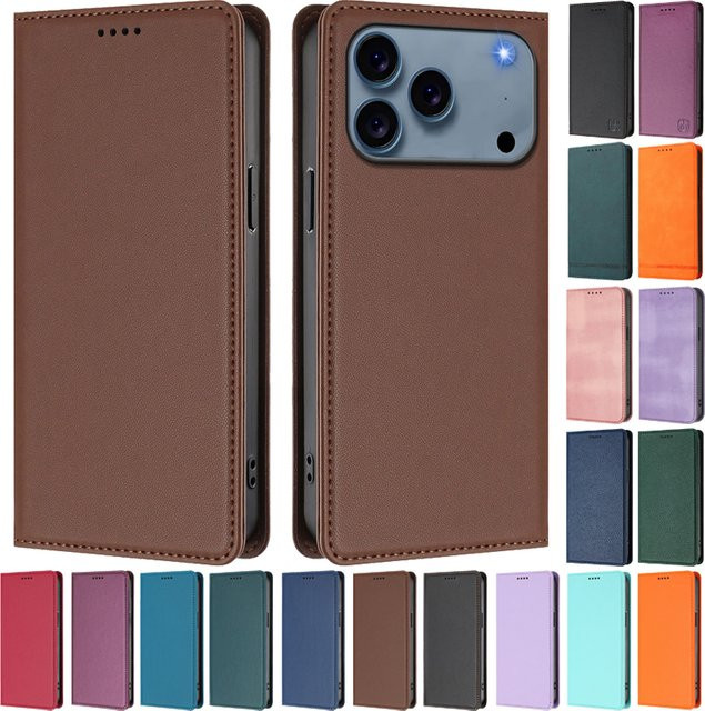 ME05 Clamshell Leder-Handyhülle für Apple iPhone 17 Pro Max Air in Braun mit Brieftaschenfunktion und magnetischem Flip-Cover - Bild 1
