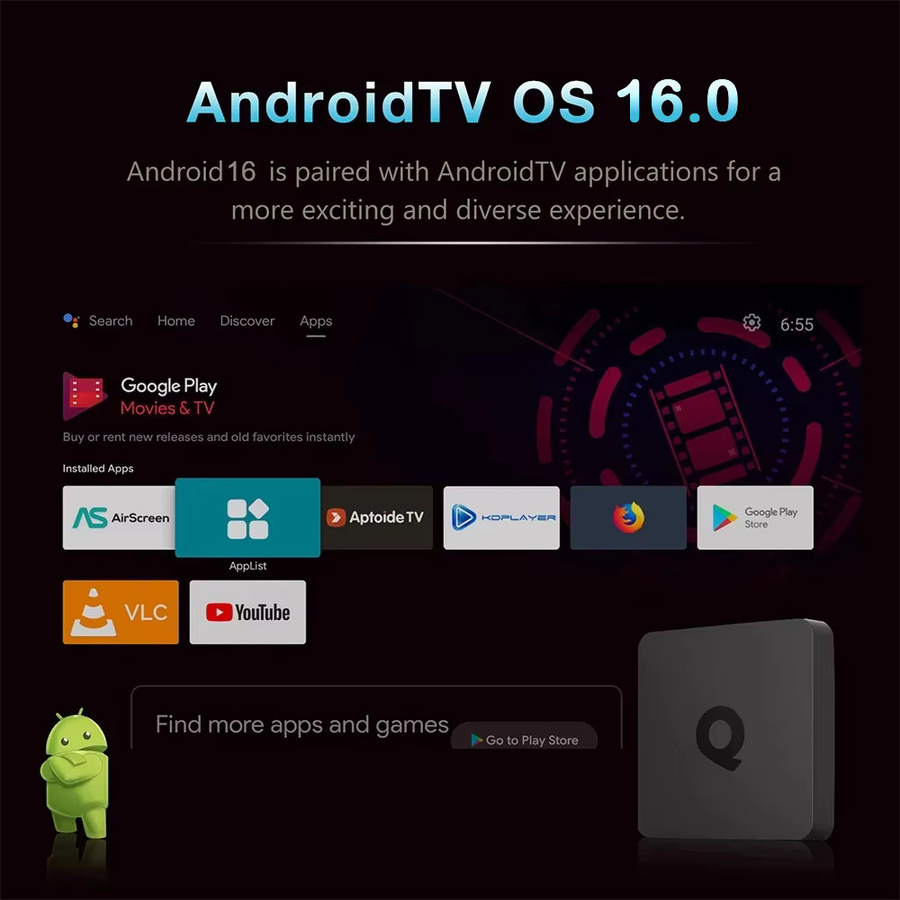Android 16 Smart TV Box H313 Q1 mit 8GB RAM und 256GB Speicher, 8K Video HDR10+, 5G Dual WLAN, Bluetooth 5.4 und Sprachfernbedienung, Schwarz - Bild 3