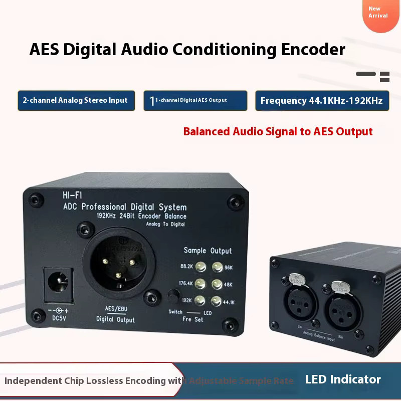 Nvarcher Stereo Analog-zu-Digital-Audio-Konverter AES Digital-Encoder mit symmetrischem Eingang, 24bit, 192Khz, Schwarz - Bild 2