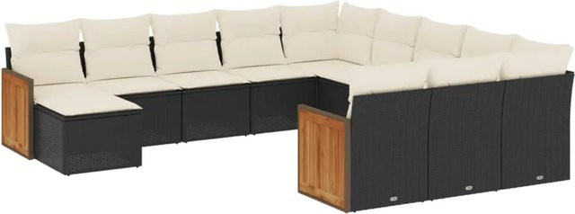 vidaXL 12-teilige Garten-Sofagarnitur aus Poly-Rattan und Akazienholz in Schwarz-Creme mit Kissen - Bild 1
