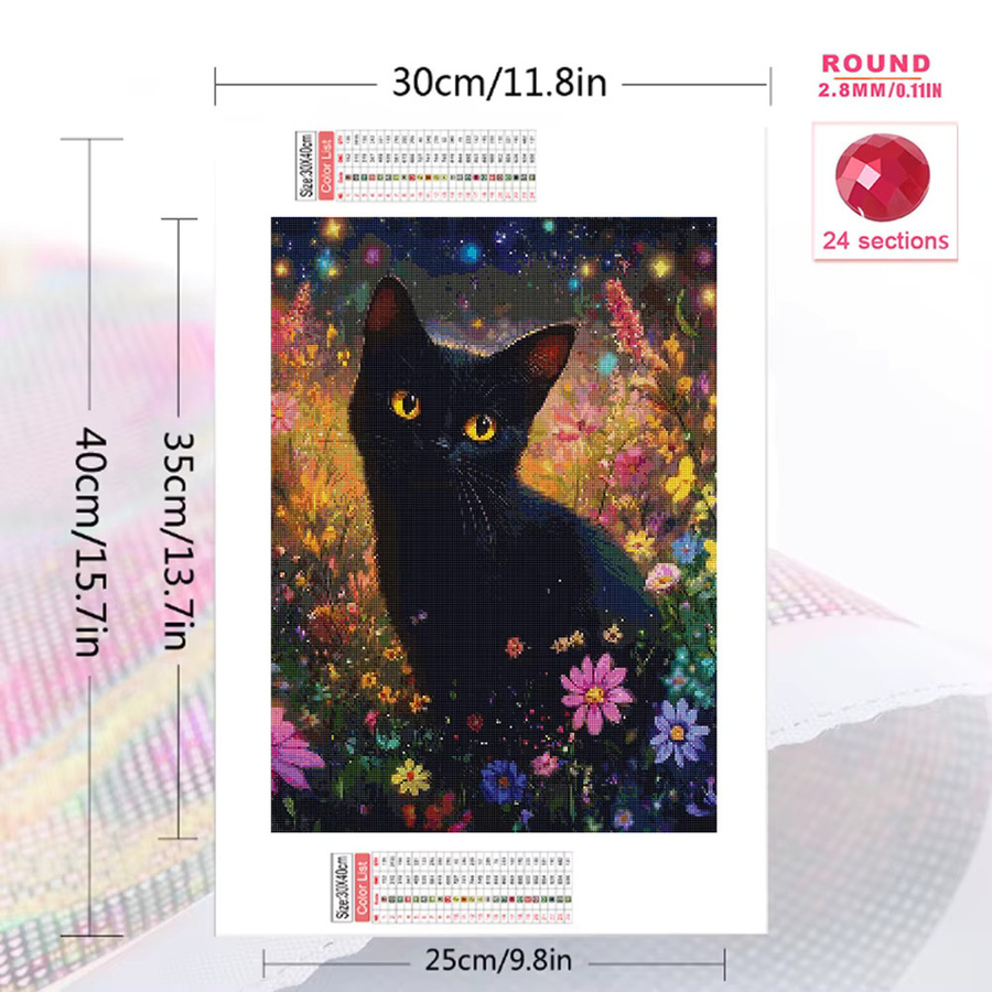 Momoart Diamantmosaik Set Schwarze Katze mit Blumenmotiv, DIY Rundes Strass Bild für die Wandgestaltung - Bild 2
