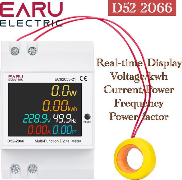 EARU D52-2066 Energiezähler für die DIN-Schiene in Weiß, Multifunktions-Stromverbrauchsmesser mit Voltmeter, Amperemeter, Watt, kWh und Frequenzmessung, AC 40–300 V, 100 A - Bild 1