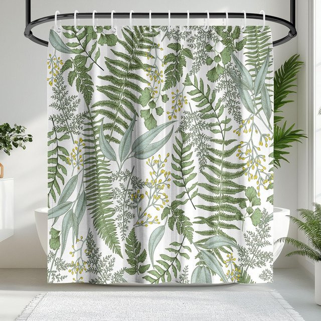 Wasserdichter Duschvorhang Dunika Chen mit tropischem Botanik-Design und Regenwaldpflanzen, Farbe: Weiß, B/H: 90 x 180 cm - Bild 1