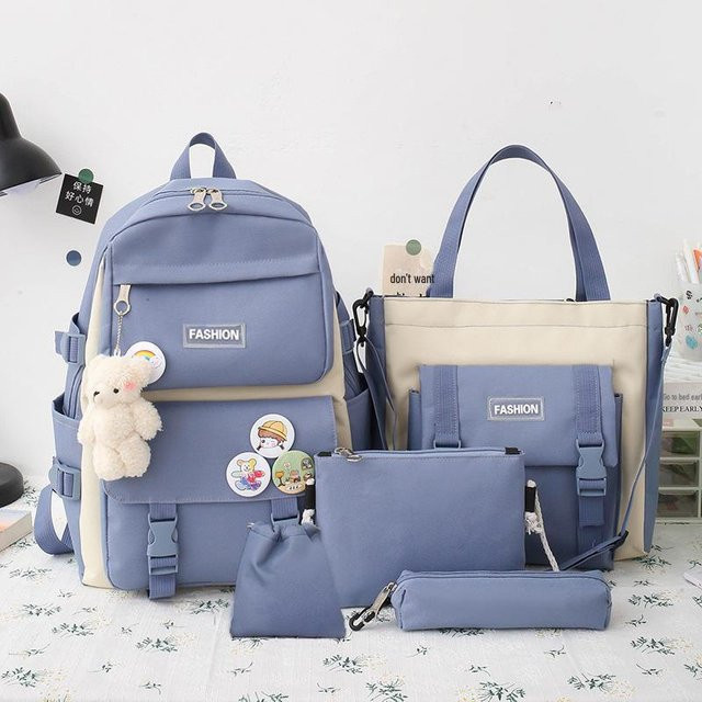 Fünfteiliges Schulranzen-Set für Mädchen mit Canvas-Rucksack in Blau von AI Supermarket - Bild 1