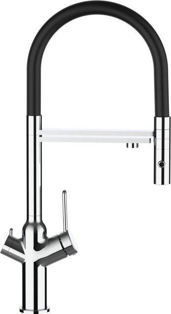 VIZIO Küchenarmatur mit 4-Wege-Wasserhahn, 360 Grad schwenkbarer Auslauf, abnehmbare 2-Strahl Handbrause und Filterfunktion, Schwarz/Verchromt - Bild 1