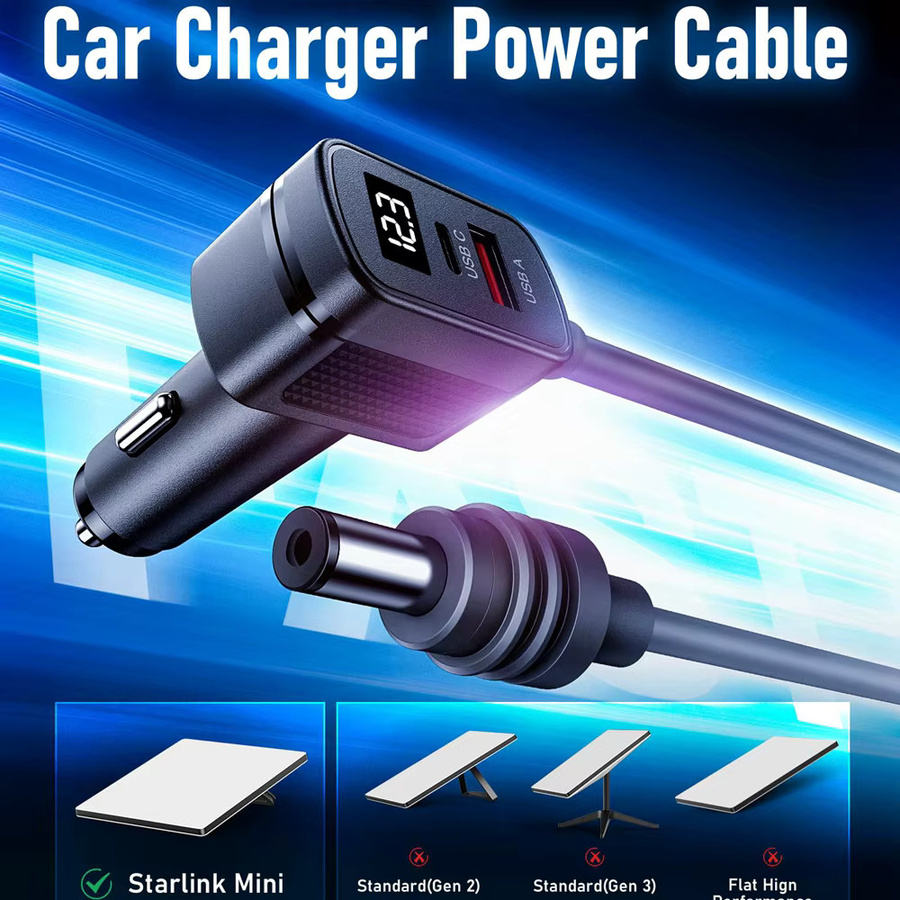 SZKOSTON Auto Power Adapter für Starlink Mini, 12V-24V Schnellladegerät mit Digital Display und 3m Kabel, Schwarz - Bild 2