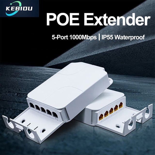 Kebidumei 5-Port PoE Extender Repeater IP55 Wasserdicht Netzwerk Switcher mit VLAN für IP-Kameras und Wireless AP, 100/1000 Mbit/s, Weiß - Bild 1