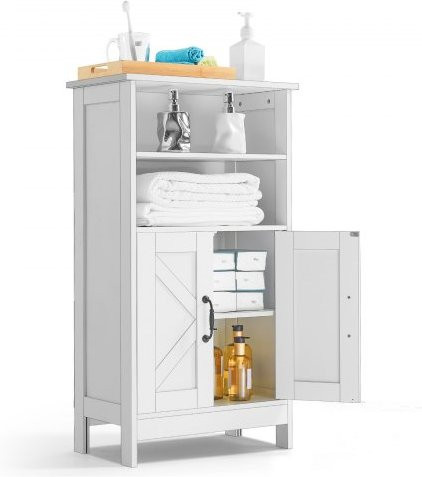VEVOR Badezimmerschrank aus Holz mit 4 Ebenen und 2 Türen, freistehender Aufbewahrungsschrank mit verstellbaren Regalböden, Weiß - Bild 1
