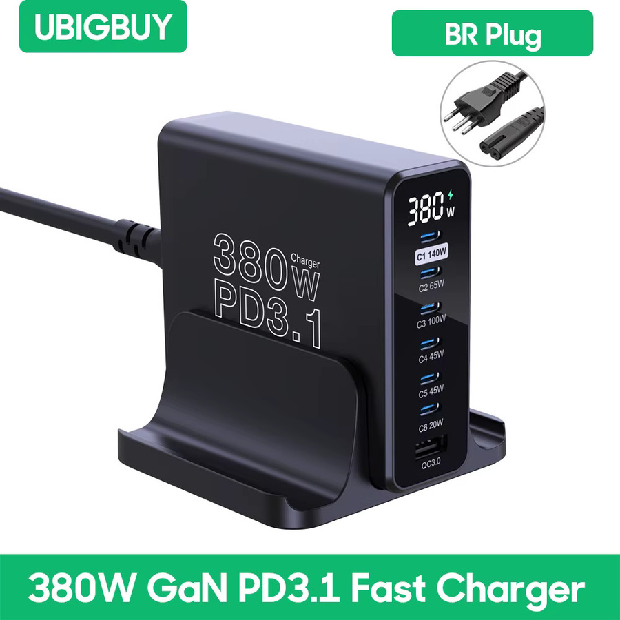 UBIGBUY 380 W GaN USB-C Ladegerät mit LCD-Display, PD 3.1 Schnellladestation für iPhone 15, Samsung und MacBook Pro/Air, Schwarz - Bild 6