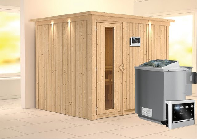 Karibu BioKombisauna mit Gunda Bio-Ofen 9.0 kW, Dachkranz und LED-Steuerung, Natur/Weiß/Braun, B: 231 cm, T: 210 cm, H: 196 cm - Bild 1