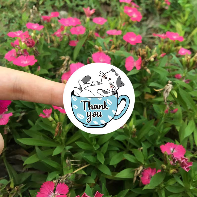 500 Stück Danke Siegelaufkleber mit Katze in der Tasse von BulingBulingStickers Store, Mehrfarbig - Bild 3