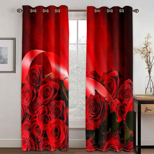 Gardinenset mit floralem Rosenmuster in Rosa und Rot, semi-transparent, B: 50 cm, H: 130 cm, 2er-Set mit Ösen - Bild 1