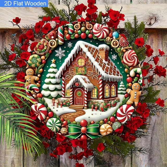 HELLOYOUNG Weihnachtsdekoration Lebkuchenhaus-Kranz aus Aluminium mit roten Rosen und Zuckerstangen, B/H: 20 x 20 cm, multicolor - Bild 1