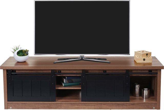 MCW TV-Rack K75 Fernsehtisch im Industrial Design mit Schiebetüren aus Holz-Optik und Metall, Braun, B: 150 cm, T: 40 cm, H: 43 cm - Bild 1