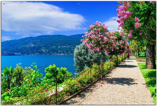 Wallario Gartenposter Blütenpromenade am Seeufer, Mehrfarbig, B: 80 cm, H: 120 cm - Bild 1