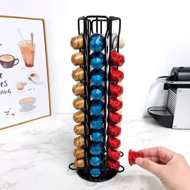 Nespresso Kaffeekapselhalter für 60 Kapseln, 360 Grad drehbarer Metall-Aufbewahrungsständer in Schwarz oder Silber, Höhe: 37,5 cm - Bild 1