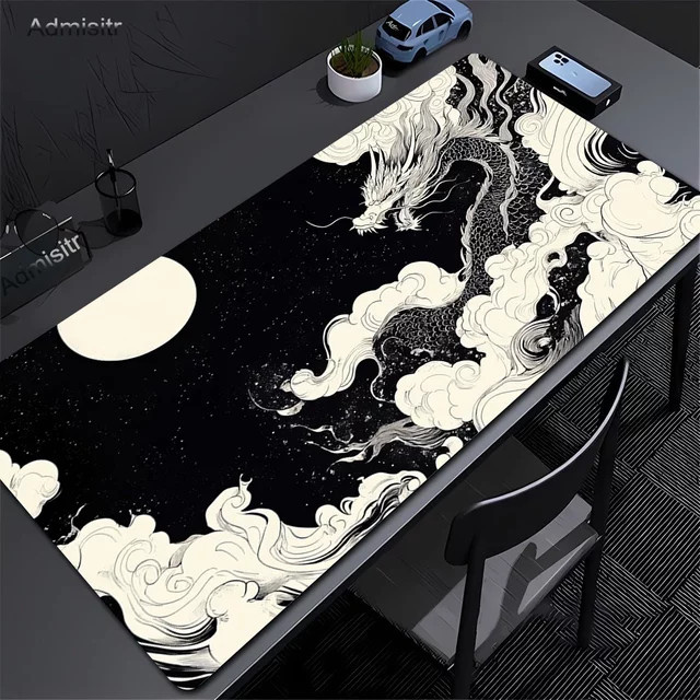 Admisitr XXL Mauspad mit Black and White Dragon Anime Design, rutschfeste Spielmatte aus Gummi für Tastatur und Desktop, waschbar - Bild 1