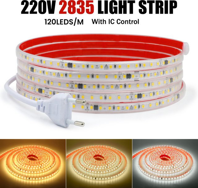 XUNATA LED-Streifenlicht 220 V, weißes SMD 2835 LED-Band mit 120 LEDs pro Meter, wasserdicht und selbstklebend - Bild 1