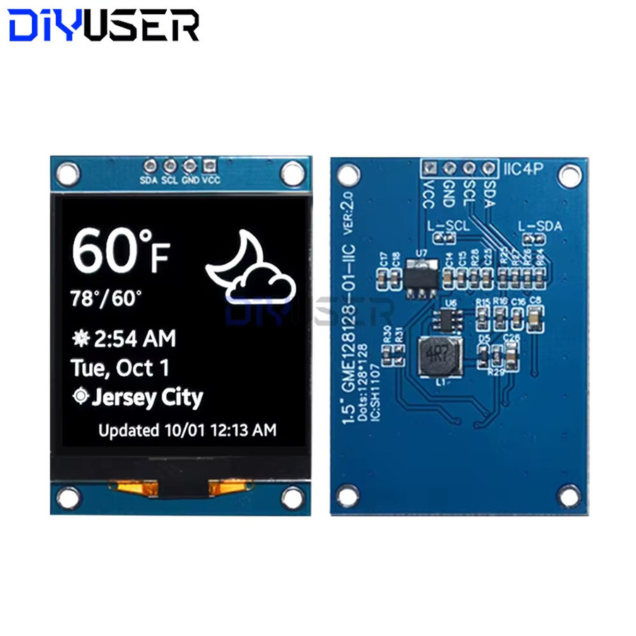 DIYUSER OLED-Displaymodul 1,5 Zoll mit 128x128 Pixeln, SH1107 Treiber, I2C Schnittstelle, 4-Pin, Blau - Bild 3