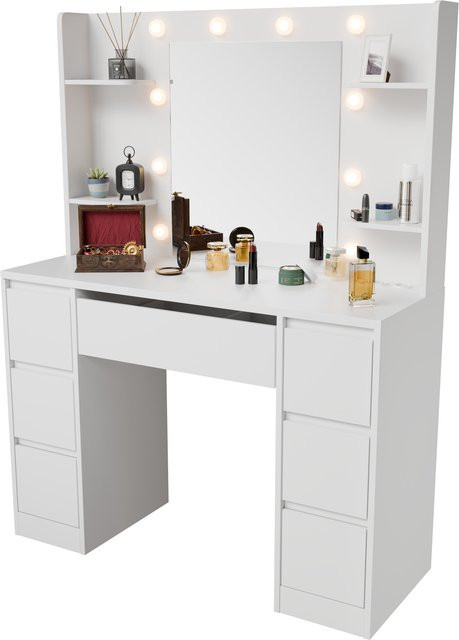 Juskys Schminktisch Malia mit LED-Spiegel in Weiß, B/T/H: 140 x 40 x 70 cm - Bild 1