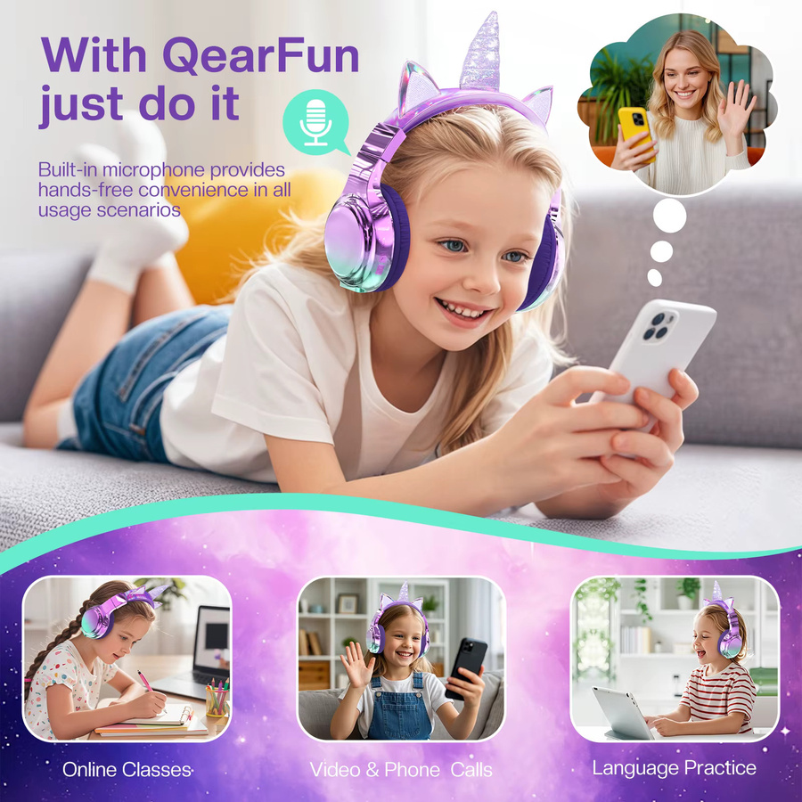 QearFun Einhorn-Bluetooth-Kopfhörer für Kinder und Mädchen in Lila, faltbares Katzenohr-Headset - Bild 3