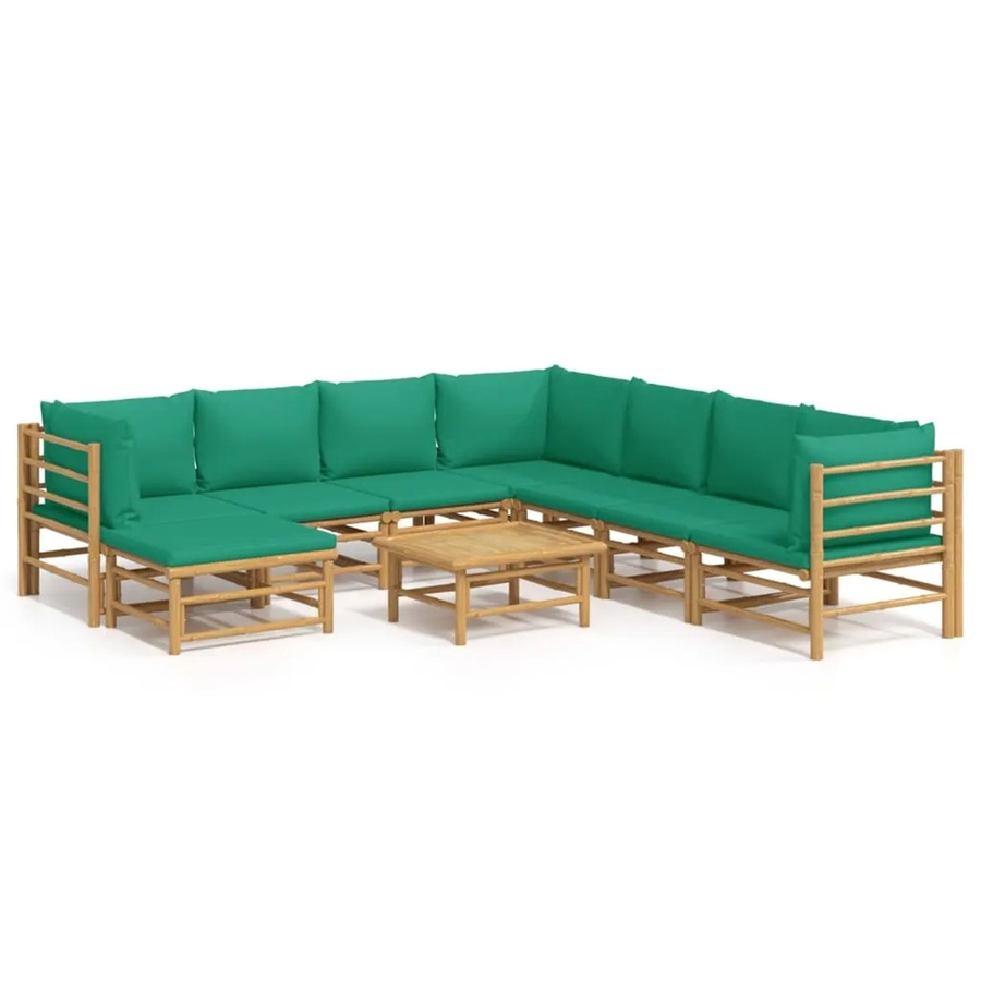 vidaXL 9-tlg Garten-Lounge-Set aus Bambus mit grünen Polsterkissen in U-Form - Bild 2