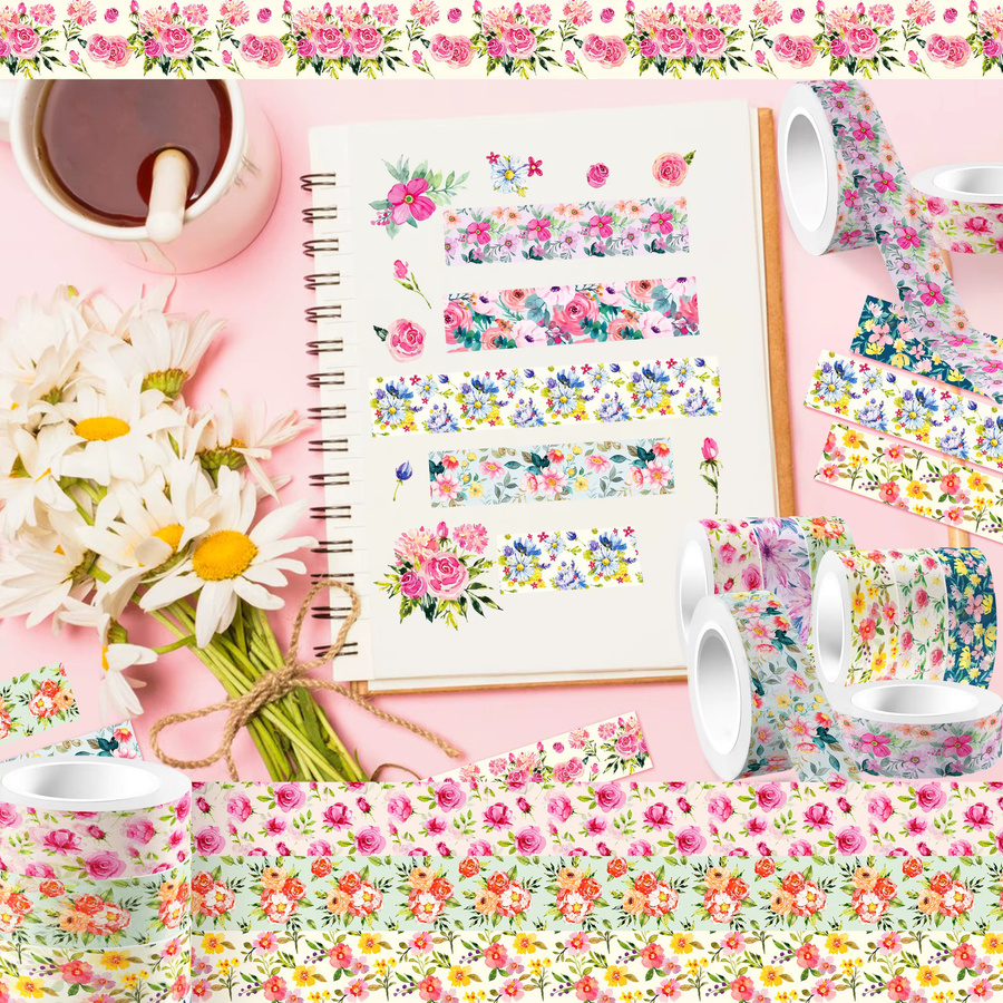 12 Stück Washi-Klebeband mit Blumen-Design in Multicolour für DIY-Handwerk und Geschenkverpackungen - Bild 2