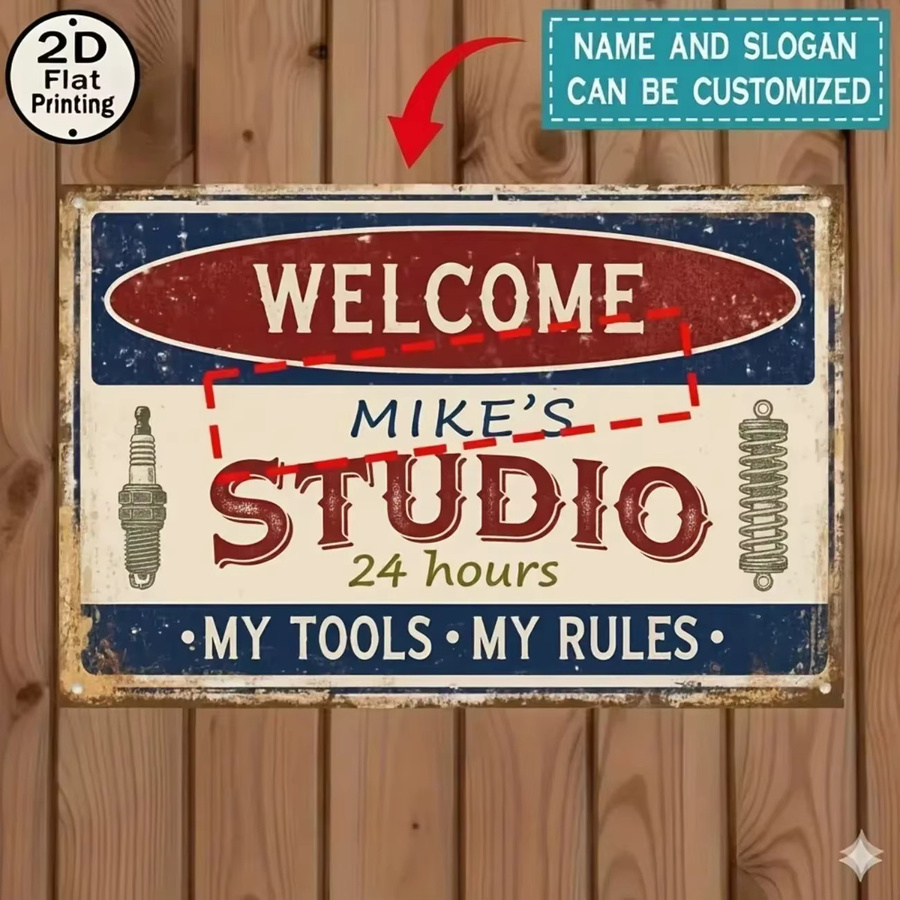 Personalisiertes Metallschild CIFBUY mit eigenem Namen und Logo im Vintage-Stil als Wandkunst für Garage und Werkstatt, Mehrfarbig - Bild 1