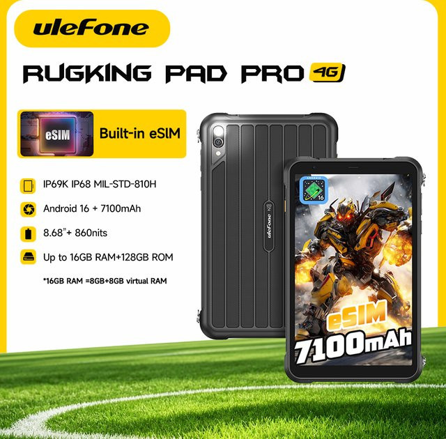 Ulefone RugKing Pad Pro Rugged Tablet mit integrierter eSIM, 8,68 Zoll 90Hz Display, 4G LTE, 16GB RAM, 128GB ROM, Android 16, Gelb - Bild 1