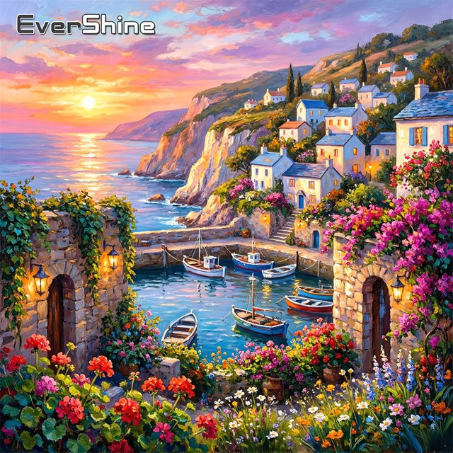 EverShine Diamantmalerei Meereslandschaft mit Boot und Blumen als Mosaik-Stickerei in Mehrfarbig, B/H: 20 x 20 cm - Bild 1