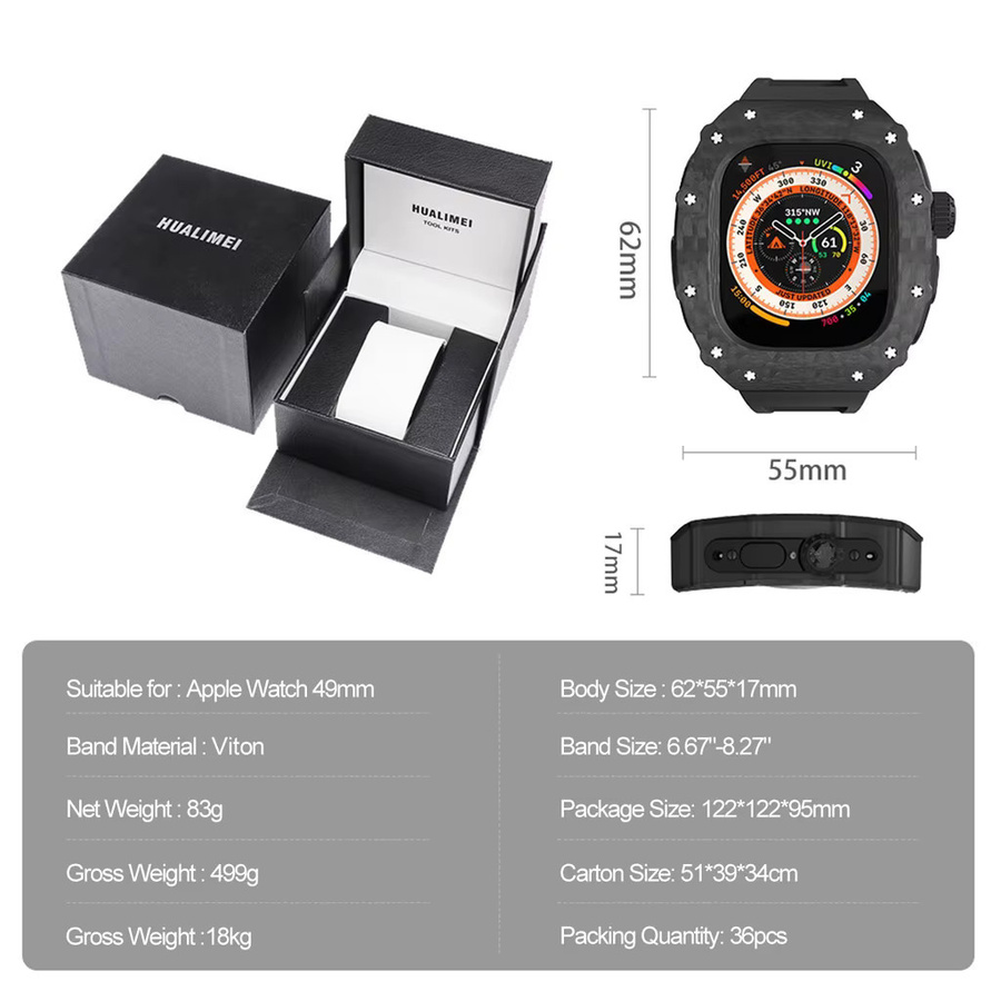 FancyWrist Modifikationsset für Apple Watch Ultra, Kohlefaser-Metallgehäuse, Kautschukarmband, Schwarz, Unisex - Bild 3