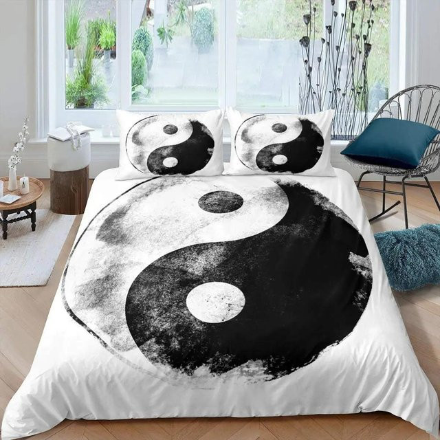 Yin Yang Bettbezug Set von Your Warm Home in Weiß mit Boho Trippy Art Design aus Polyester, B/H: 135 x 200 cm - Bild 1
