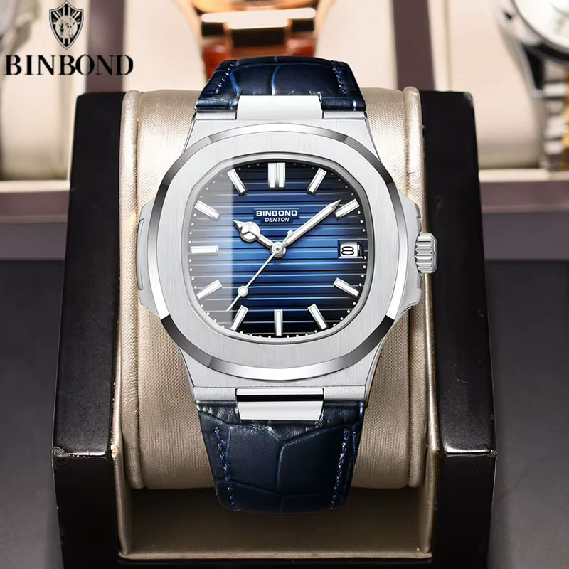 BINBOND Armbanduhr Quarz, Edelstahl, Leder, Blau, Herren - Bild 1