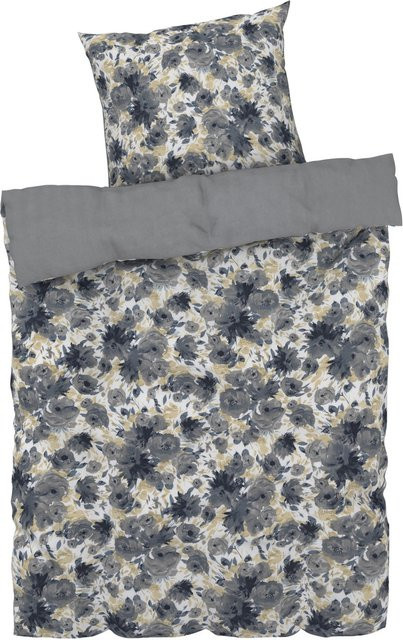 LIVARNO HOME Renforcé-Bettwäsche mit floralem Muster in Weiß, Blau und Grau, B/H: 155 x 220 cm und Kissenbezug 80 x 80 cm - Bild 1