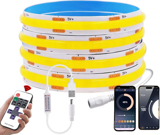 XUNATA COB LED Streifen Warmweiß mit 320 LEDs/m, 5V USB, Wifi und Bluetooth Steuerung, flexibler LED Band für TV Hintergrundbeleuchtung und Schrankbeleuchtung, Breite: 8 mm - Bild 1