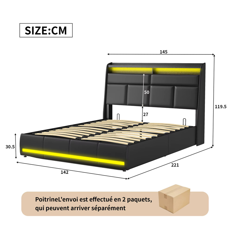 FEEOHOME Polsterbett mit Stauraum in Schwarz, Doppelbett mit hydraulischem Bettkasten und Lattenrost, B/T/H: 140 x 200 cm - Bild 2