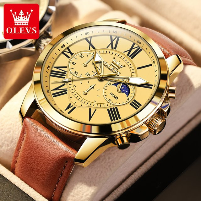 OLEVS Chronograph, Armbanduhr Quarz, Lederarmband, Gold, Herren - Bild 1