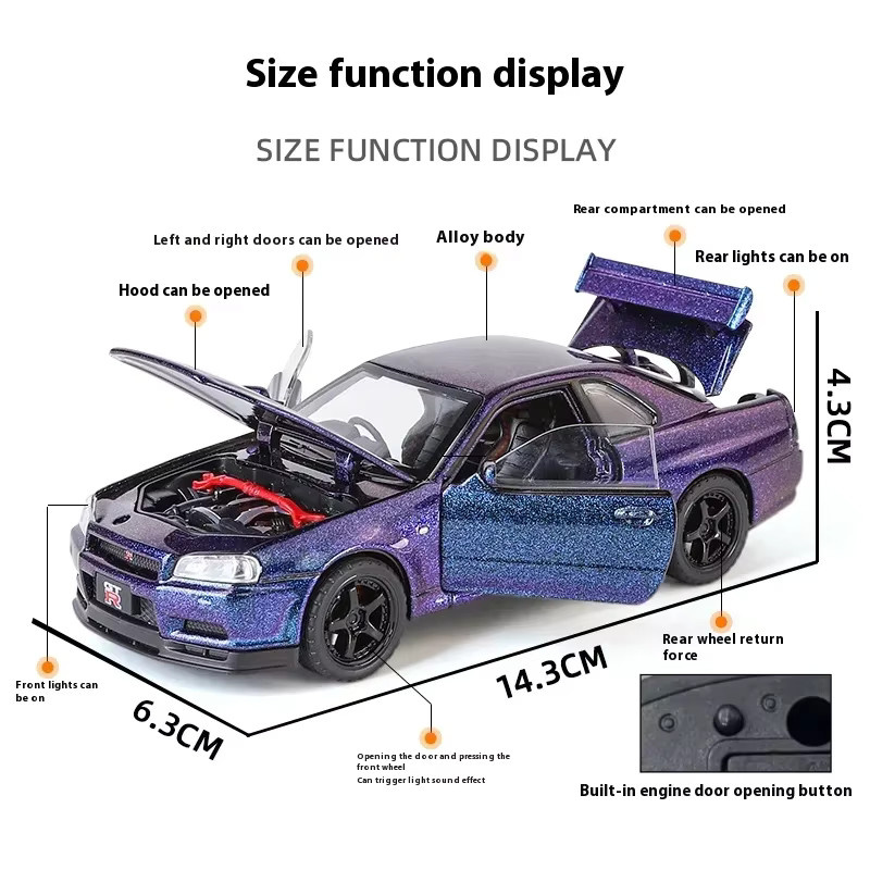 MINI AUTO GTR R34 Skyline Supercar, Modellauto, 1:32, Metall, mit Licht und Sound, ab 3 Jahre - Bild 2