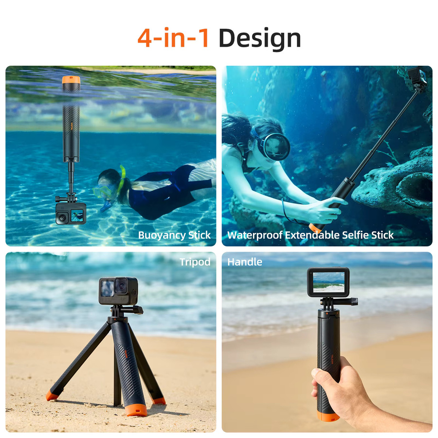 TELESIN 4-in-1 Selfie-Stick mit schwimmendem Handgriff und Stativ, wasserdichtes ausziehbares Selfie-Monopod in Schwarz für GoPro, DJI OSMO Action und Insta360 - Bild 2