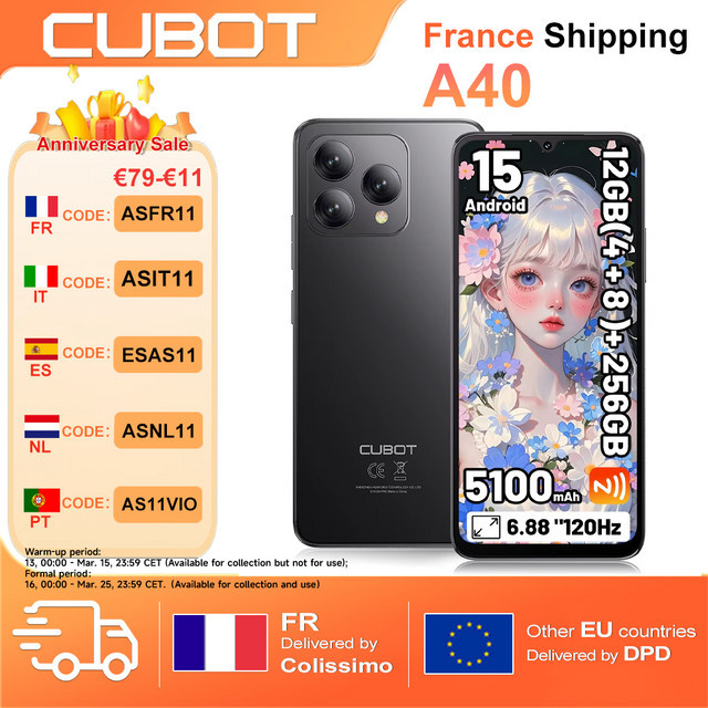Cubot A40 Smartphone Schwarz mit 256 GB Speicher, 12 GB RAM, 6,88 Zoll 120 Hz Display, Android 15, 5100 mAh Akku, 4G LTE, NFC und GPS - Bild 1