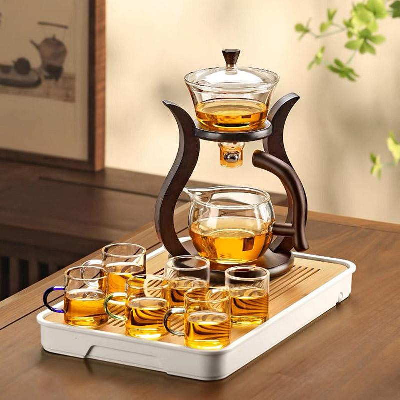 HOONRA Hitzebeständiges Glas Tee-Set mit Magnetischer Wasserableitung und Drehbarer Schale in Transparent und Braun - Bild 3
