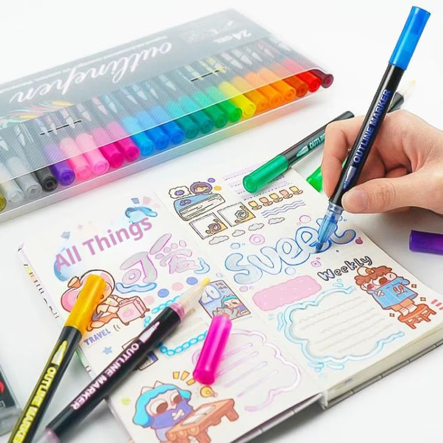 Doppellinien-Konturenstifte mit Selbstkontur-Effekt, Metallic-Marker und fluoreszierende Graffiti-Stifte für Handkalligrafie, Mehrfarbig - Bild 3