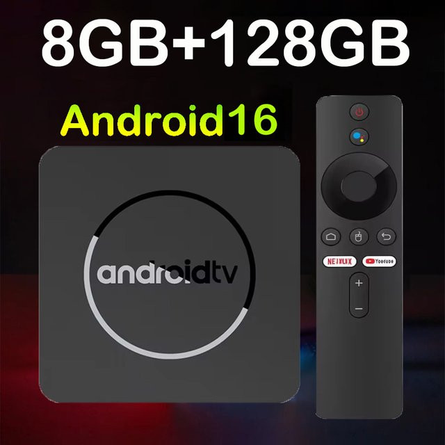 Q10 Smart TV Box Media Streamer mit Android 16, 8K Auflösung, 8GB RAM, 128GB Speicher, WLAN und Bluetooth 6.0 in Schwarz inklusive Sprachfernbedienung - Bild 1
