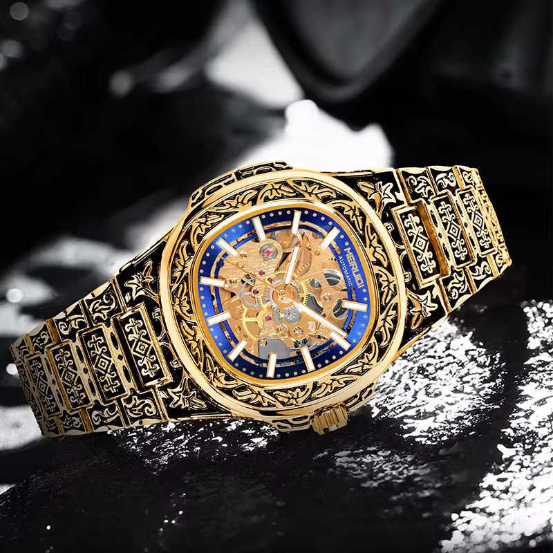 MEIRUIQI Armbanduhr Automatik, Edelstahl, Gold, Blau, Herren - Bild 2