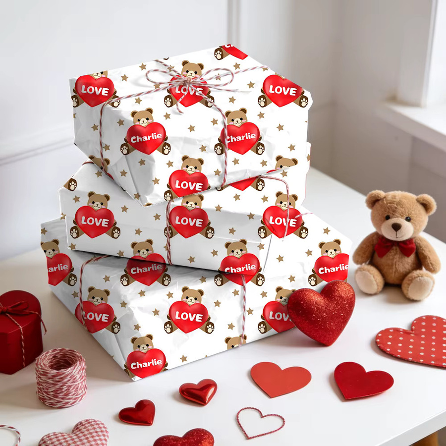 WEIGAO Geschenkverpackungspapier mit rotem Herz und Bärenmotiv in Rot und Weiß für Valentinstag, Geburtstage und Jubiläen - Bild 2