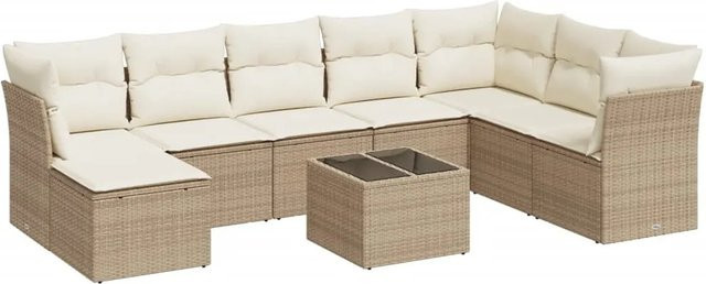 vidaXL 9-tlg. Garten-Sofagarnitur in L-Form aus Poly-Rattan mit Kissen in Beige-Creme - Bild 1
