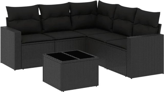 vidaXL 6-teilige Garten-Sofagarnitur in L-Form aus schwarzem Poly-Rattan mit Kissen und pulverbeschichtetem Stahlgestell - Bild 1