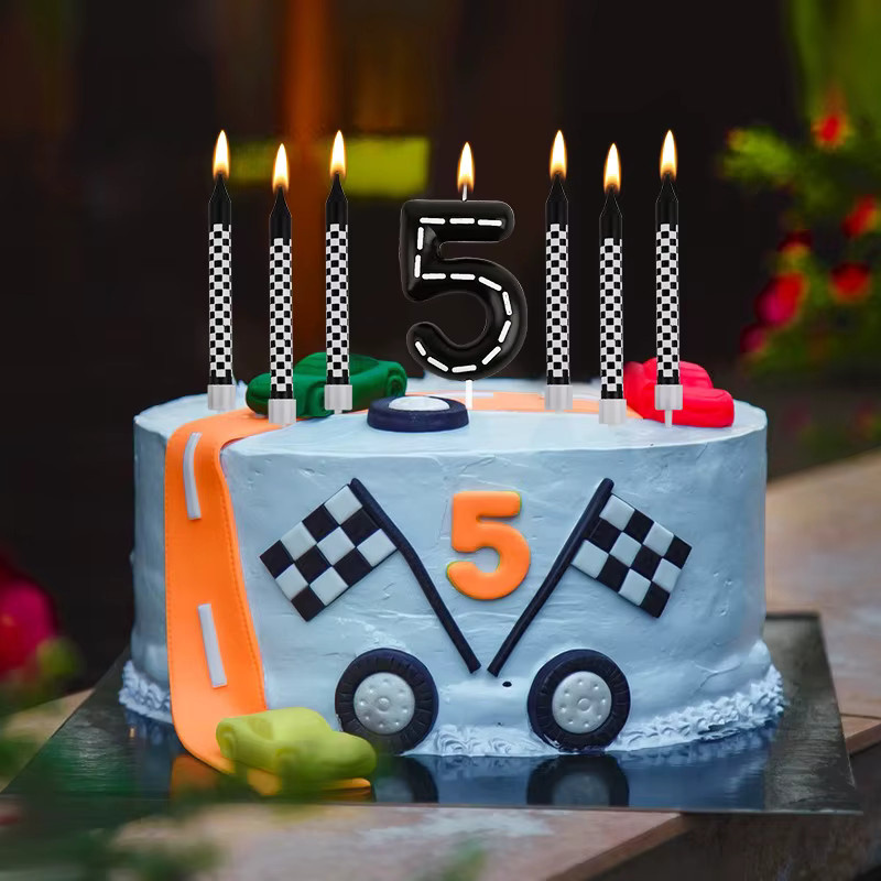 ZQNYCY 7-teiliges Racing-Autos Geburtstag Kerzen-Set in Schwarz und Weiß mit kariertem Design für Kindergeburtstag und Party-Dekoration - Bild 4