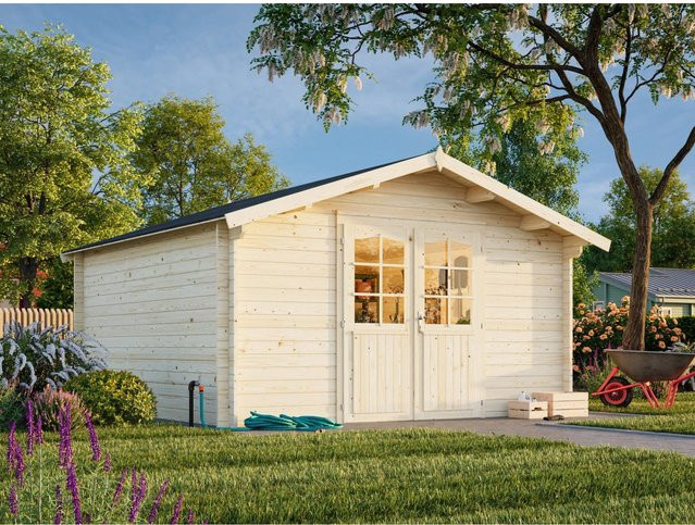 Palmako Gartenhaus Lotta aus Fichte in Grau-Weiß mit Blockbohlen und Montage-Set B/T: 380 x 380 cm - Bild 1